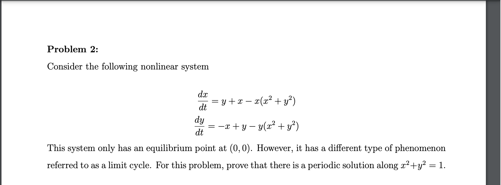 Solved Problem 2: Consider the following nonlinear system | Chegg.com