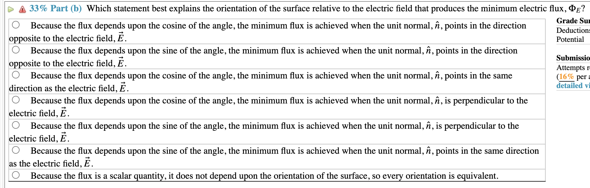 Because the flux depends upon the cosine of the angle, the minimum flux is achieved when the unit normal, \( \hat{n} \), poin