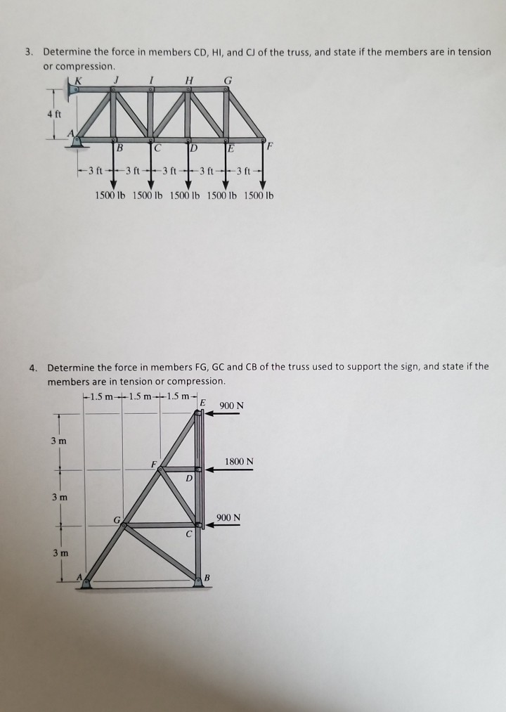 Solved 3. Determine the force in members CD, HI, and CJ of | Chegg.com