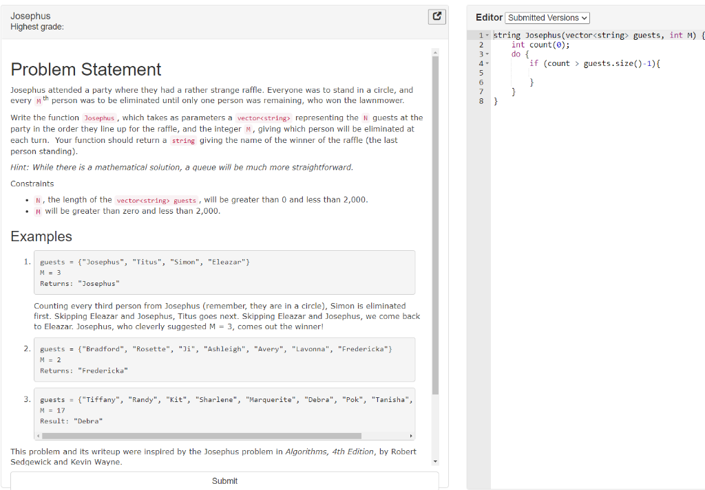Solved Josephus Highest grade Editor Submitted Versions 1