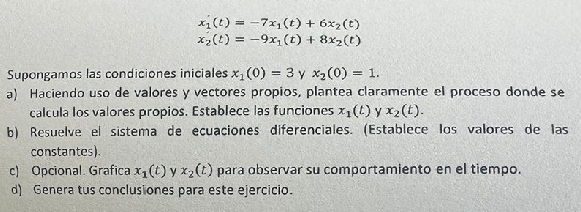 \[ \begin{array}{l} x_{1}(t)=-7 x_{1}(t)+6 x_{2}(t) \\ x_{2}(t)=-9 x_{1}(t)+8 x_{2}(t) \end{array} \] Supongamos las condicio