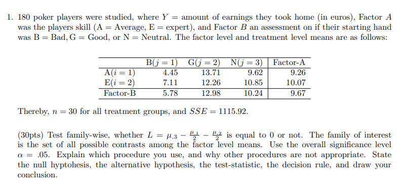 1. 180 poker players were studied, where Y= amount of | Chegg.com