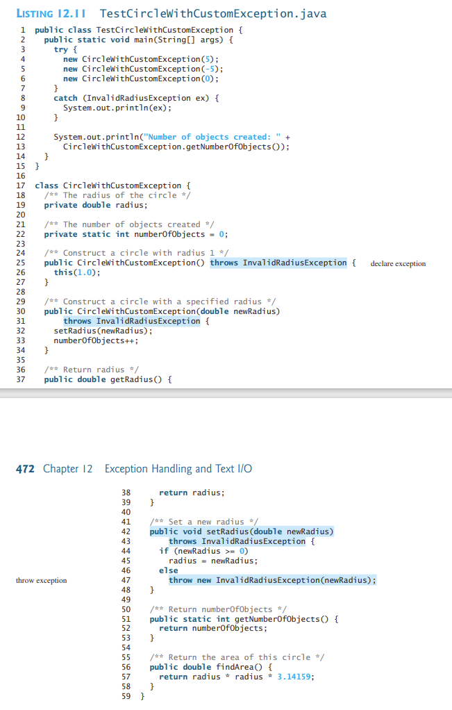 Solved LISTING 12.11 TestCircleWithCustomException.java 1 | Chegg.com
