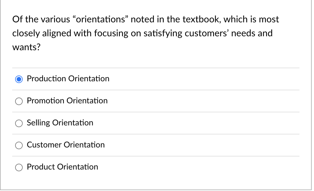 Of the various orientations noted in the textbook, which is most
closely aligned with focusing on satisfying customers nee