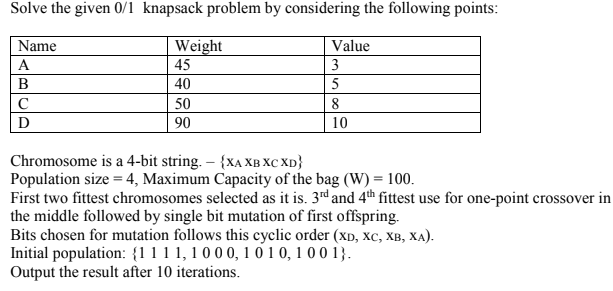 Solved Solve the given 0/1 knapsack problem by considering | Chegg.com