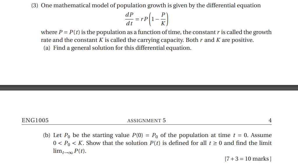 Solved (3) One mathematical model of population growth is | Chegg.com
