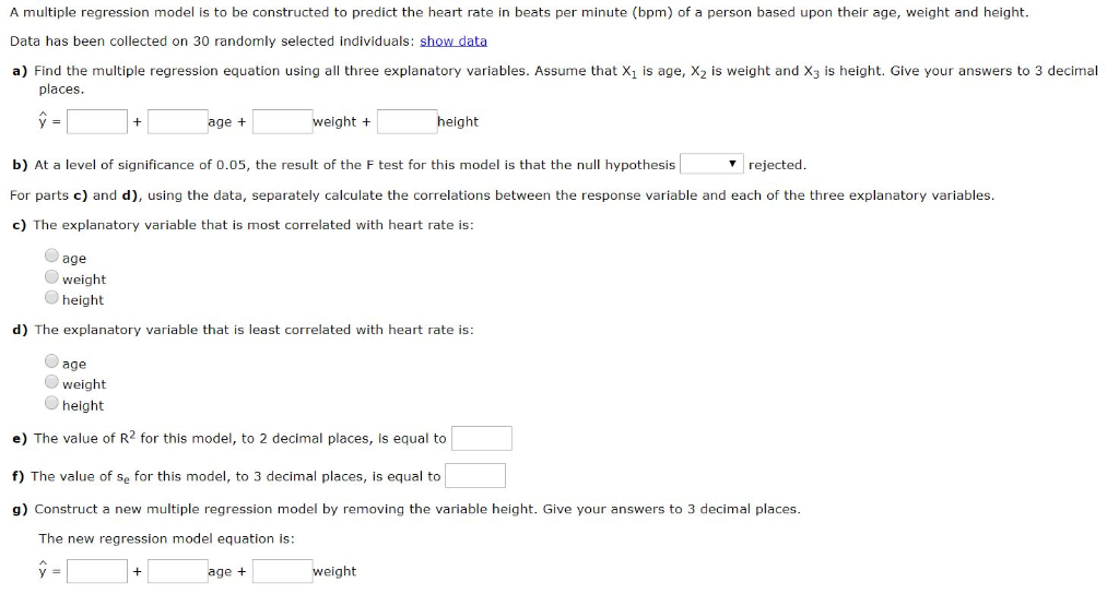 Solved Weight Height Lb In Heart Rate Age Yrs Bpm