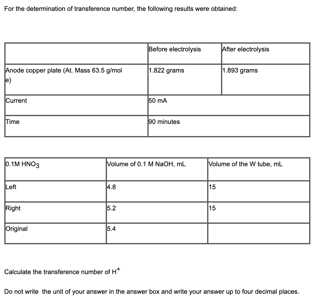 Solved For the determination of transference number, the | Chegg.com
