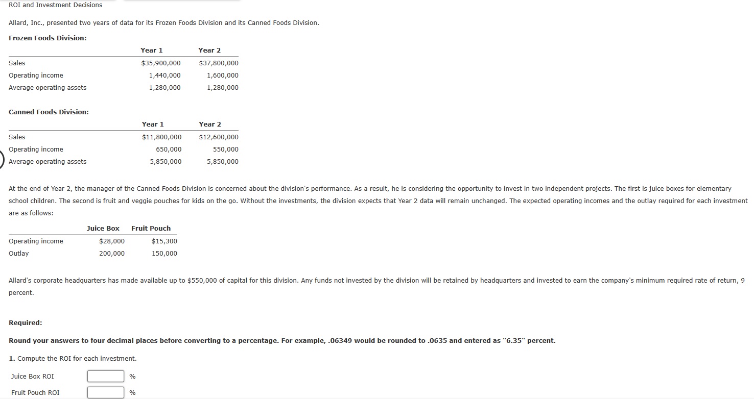 Solved ROI and Investment Decisions Allard, Inc., presented