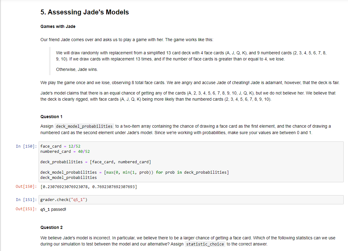 Solved 5. Assessing Jade's Models Games with Jade Our friend | Chegg.com