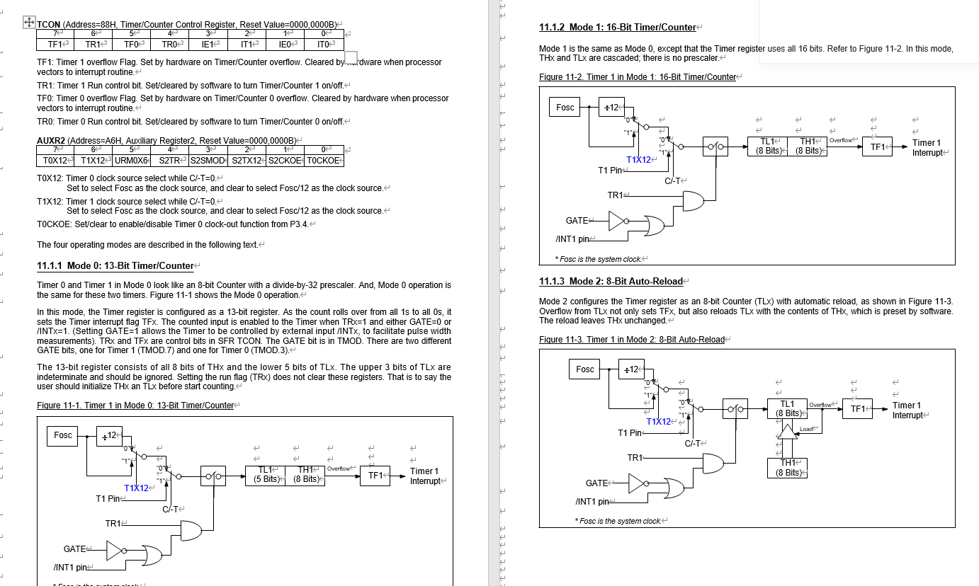 L LL- 11.1.2 Mode 1: 16-Bit Timer/Counter Mode 1 is the same as Mode 0, except that the Timer register uses all 16 bits. Refe