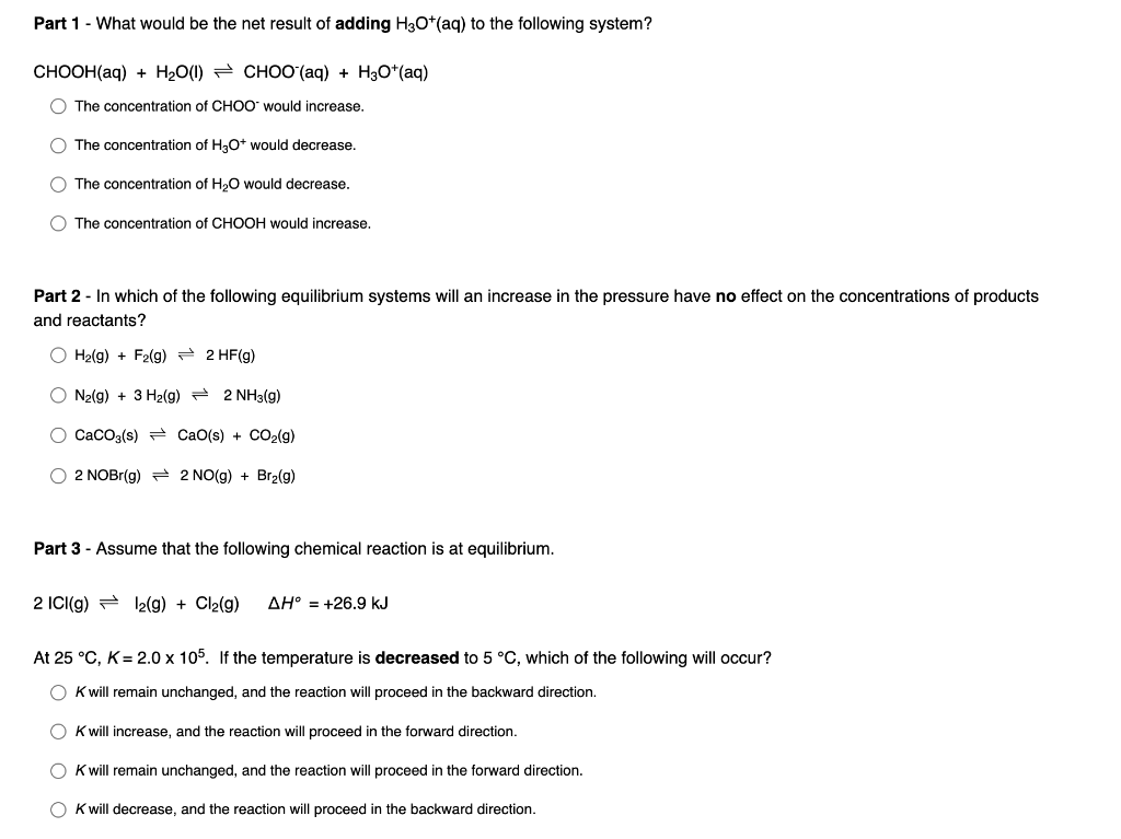 Solved Part 1 - What would be the net result of adding H3O+ | Chegg.com