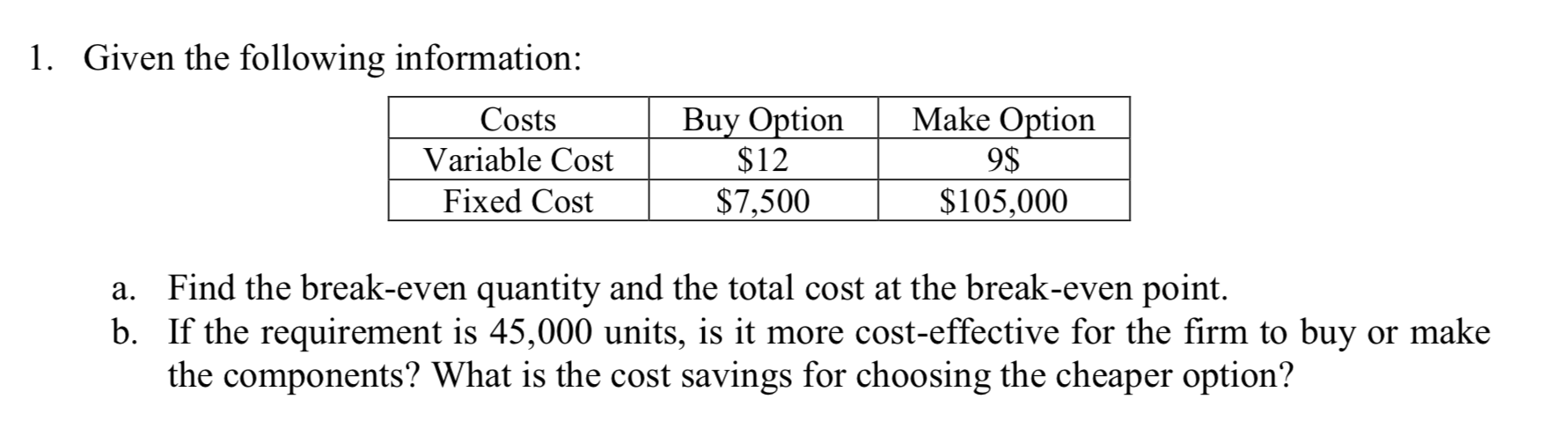 Solved 1. Given The Following Information: Buy Option | Make | Chegg.com