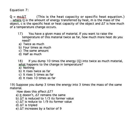 Solved Equation 7: (This is the heat capacity or specific | Chegg.com