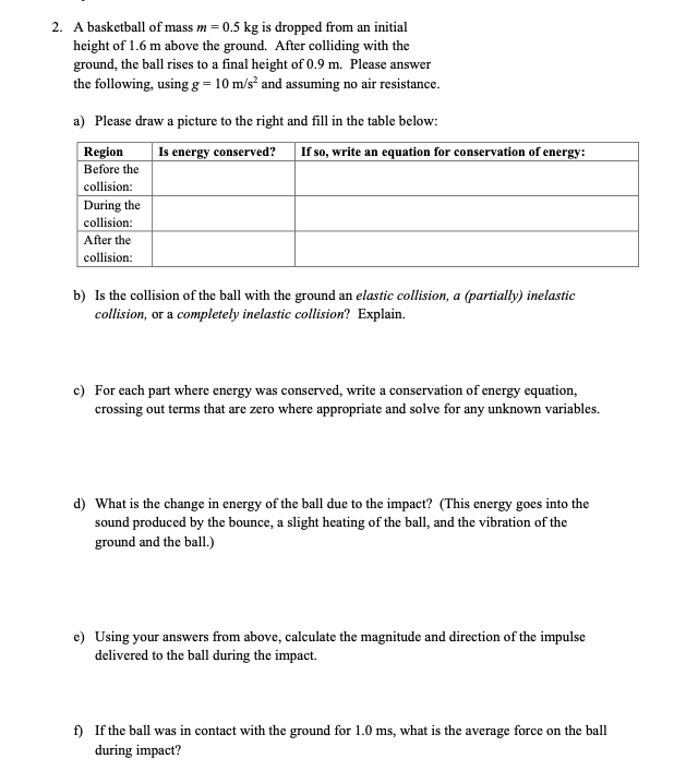 Solved 2. A basketball of mass m=0.5 kg is dropped from an | Chegg.com
