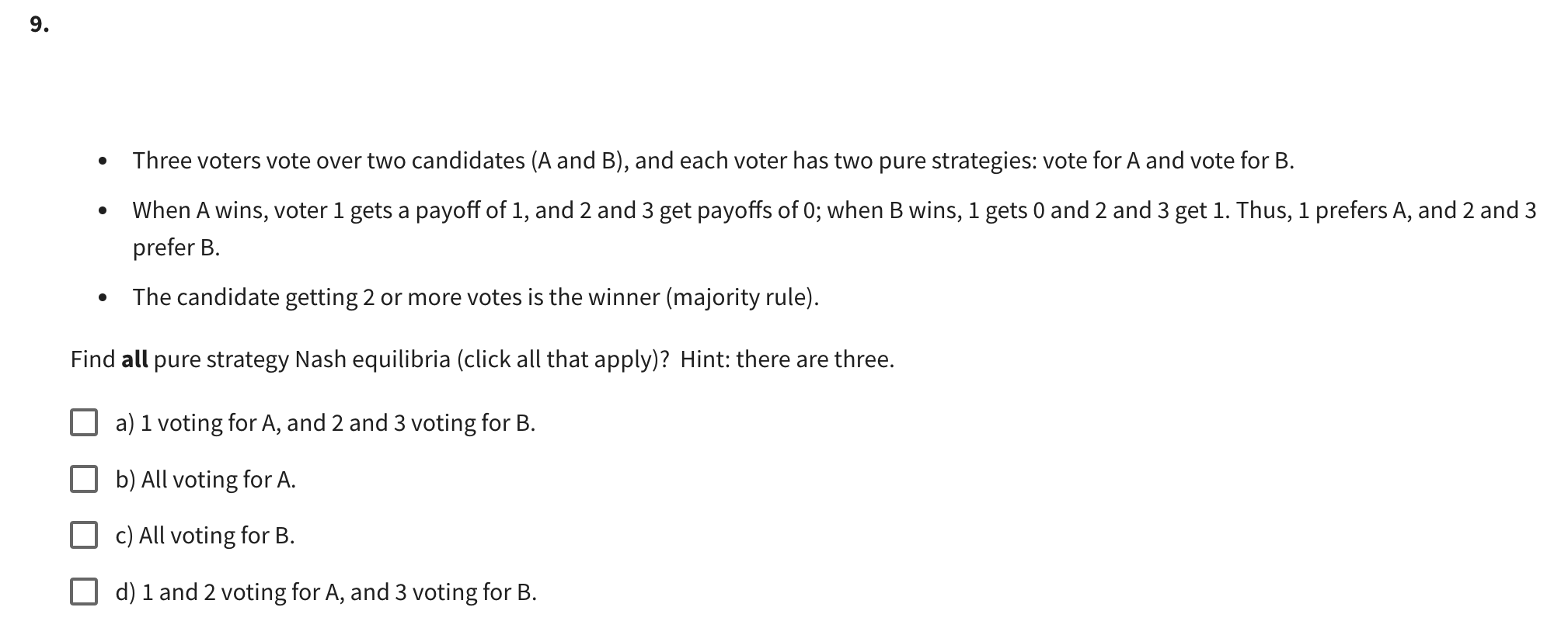 Solved 9. Three Voters Vote Over Two Candidates (A And B), | Chegg.com