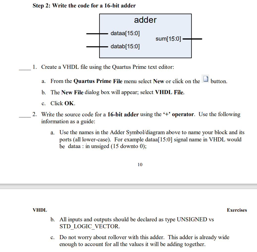 Solved Step 2: Write the code for a 16-bit adder adder | Chegg.com