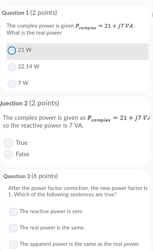 Solved Question 1 (2 points) The complex power is given | Chegg.com