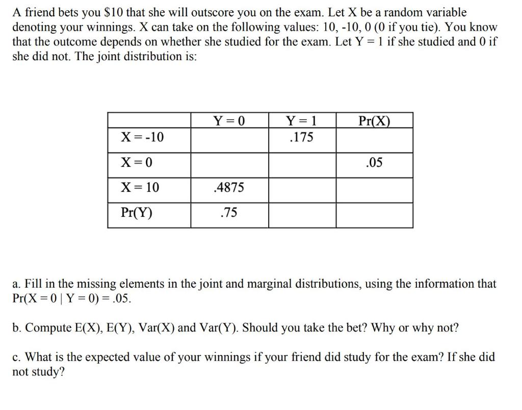 A friend bets you \( \$ 10 \) that she will outscore you on the exam. Let \( \mathrm{X} \) be a random variable denoting your