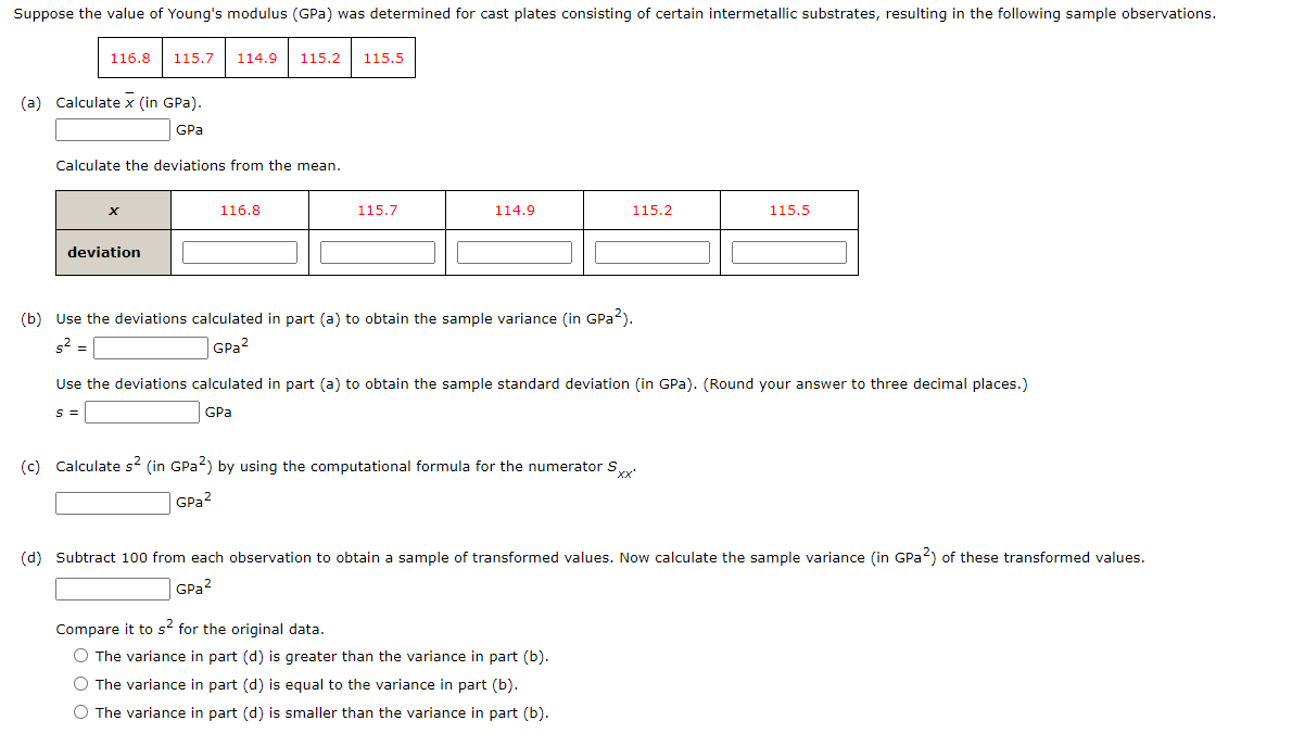 Solved (c) Calculate s2 (in GPa2 ) by using the | Chegg.com