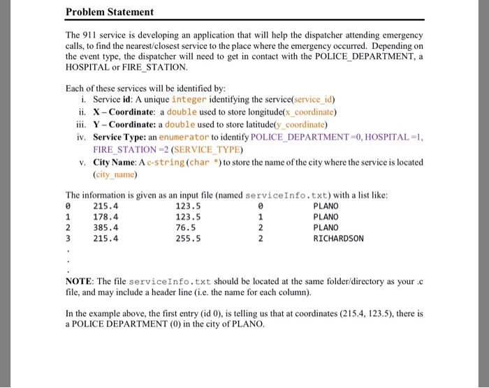 Solved Problem Statement The 911 service is developing an | Chegg.com