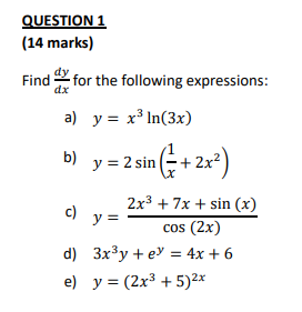 Find \( \frac{d y}{d x} \) for the following expressions: a) \( y=x^{3} \ln (3 x) \) b) \( y=2 \sin \left(\frac{1}{x}+2 x^{2}