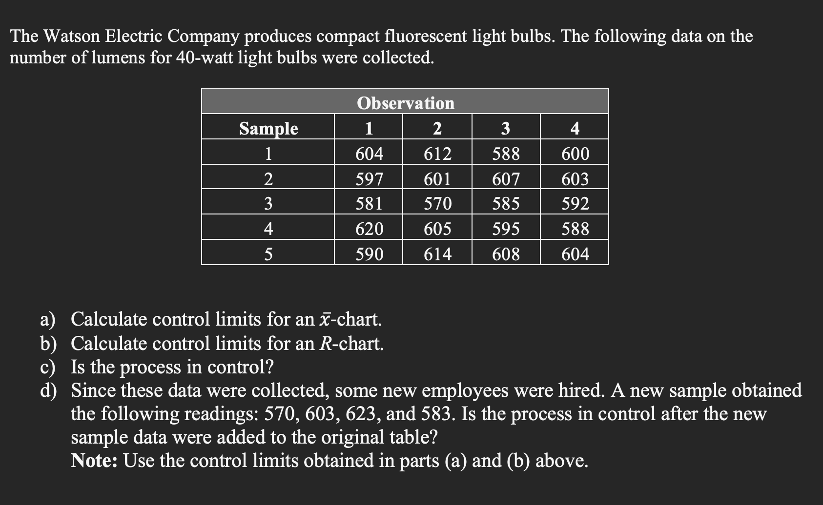 The Watson Electric Company produces compact fluorescent light bulbs. The following data on the number of lumens for 40 -watt