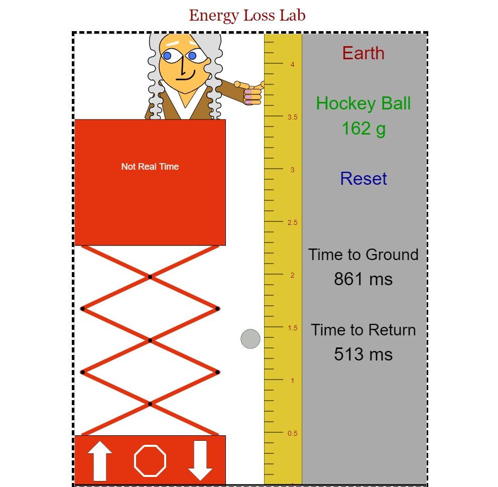Energy Loss Lab
Earth
Hockey Ball
3.5
162 g
Not Real Time
Reset
2.5
Time to Ground
861 ms
2
1.5 Time to Return
513 ms
0.5
1 O