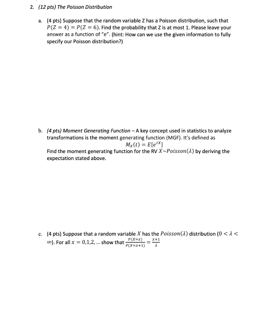 Solved 2. (12 pts) The Poisson Distribution a. (4 pts) | Chegg.com