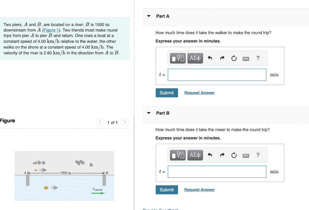 Two piers, \( A \) and \( B \), are located on a river: \( B \) is \( 1500 \mathrm{~m} \) downstream from \( A \) (Figure 1).