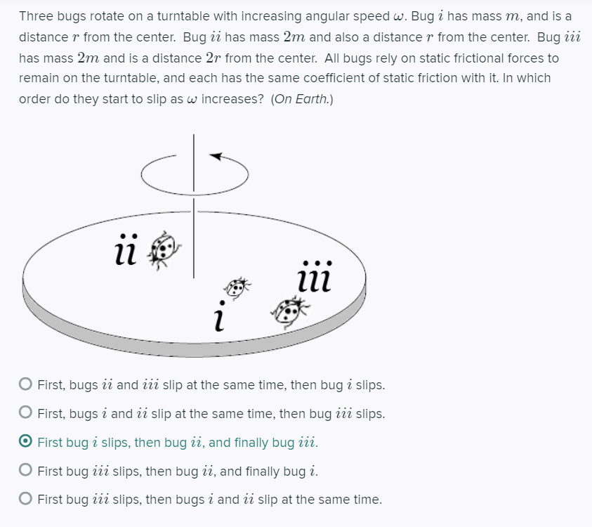 Solved Three bugs rotate on a turntable with increasing | Chegg.com