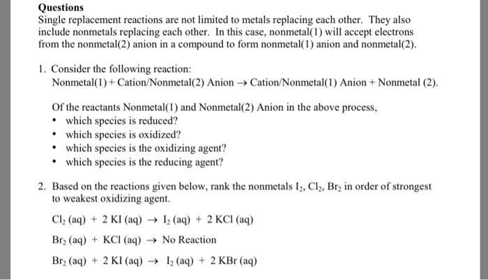 Solved Questions Single Replacement Reactions Are Not | Chegg.com