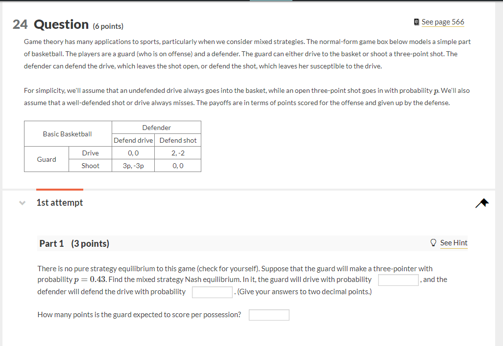 24 Question (6 points) See page 566 Game theory has | Chegg.com