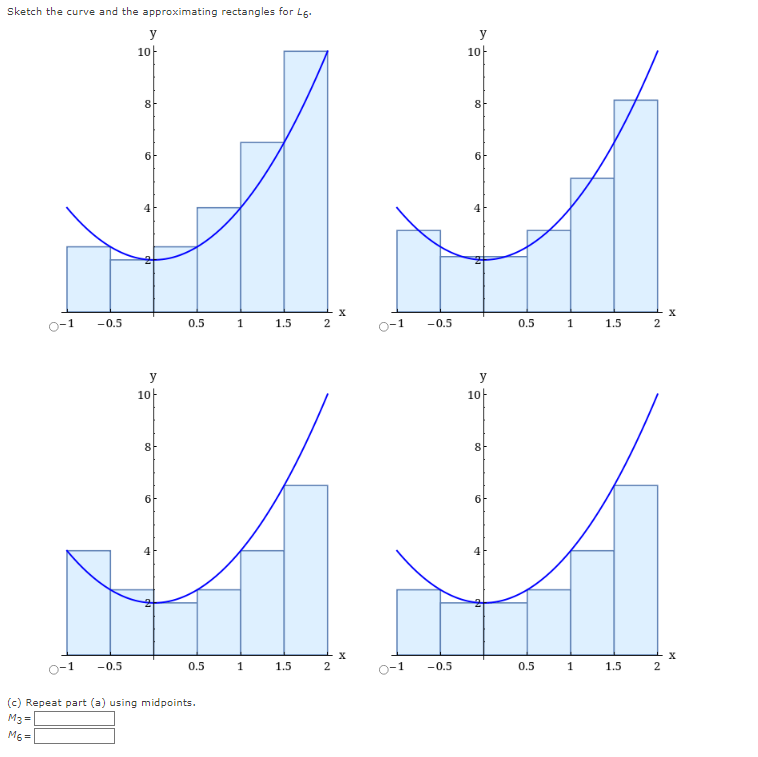 Sketch the curve and the approximating rectangles for 15-
?
10+
y
10+
8
8
6
6
X
X
0-1
-0.5
0.5
1
1.5
2
0-1
-0.5
0.5
1
1
1.5
2