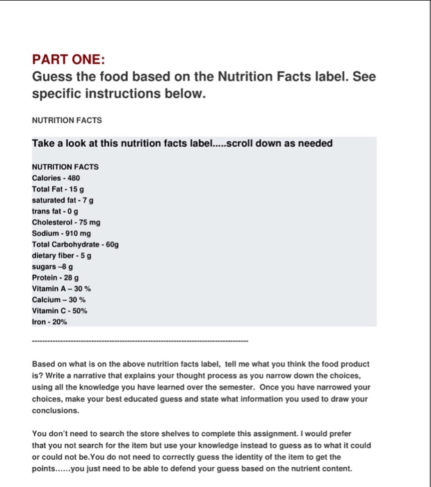 Solved PART ONE: Guess The Food Based On The Nutrition Facts | Chegg.com