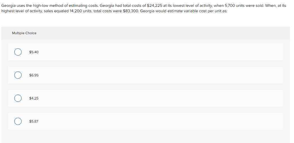 Solved uses the highlow method of estimating costs.