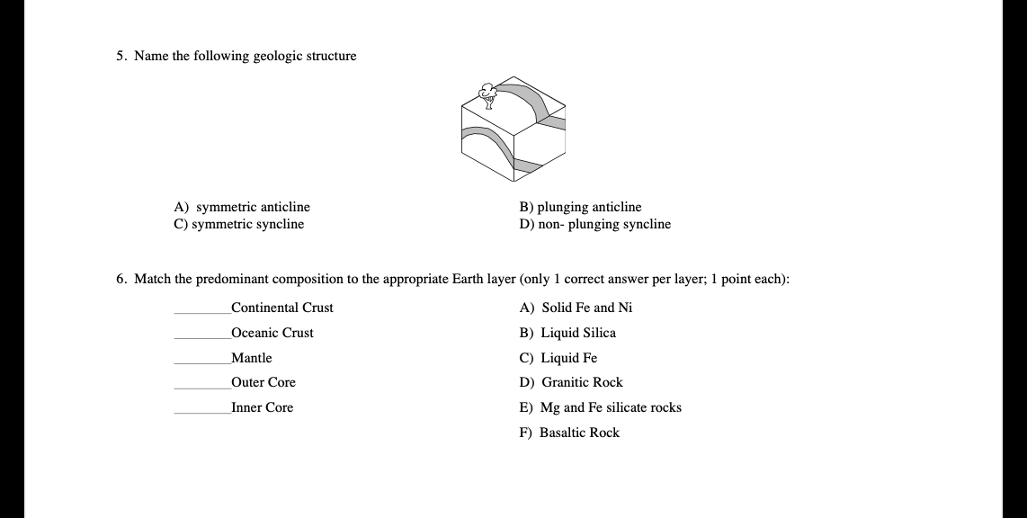 5. Name the following geologic structure
A) symmetric anticline
B) plunging anticline
C) symmetric syncline
D) non- plunging 