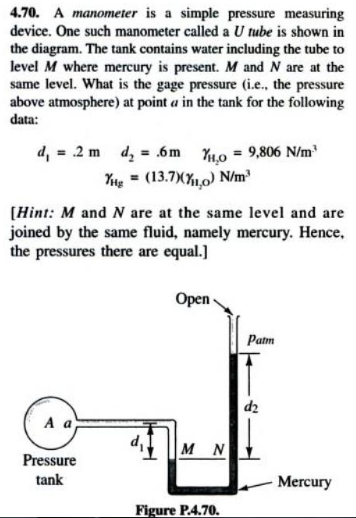 Solved 4.70. A manometer is a simple pressure measuring | Chegg.com