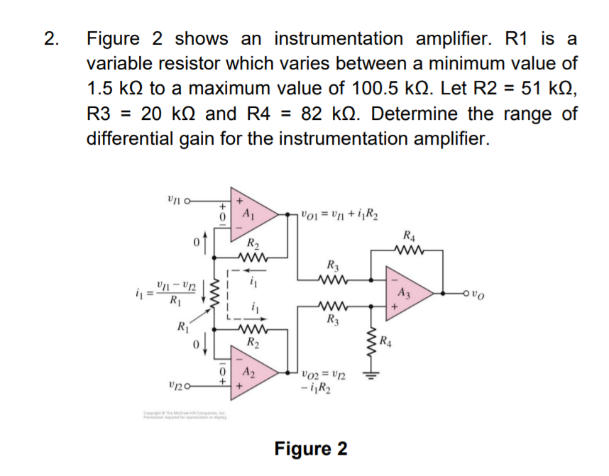 Solved 2. Figure 2 shows an instrumentation amplifier. R1 is | Chegg.com