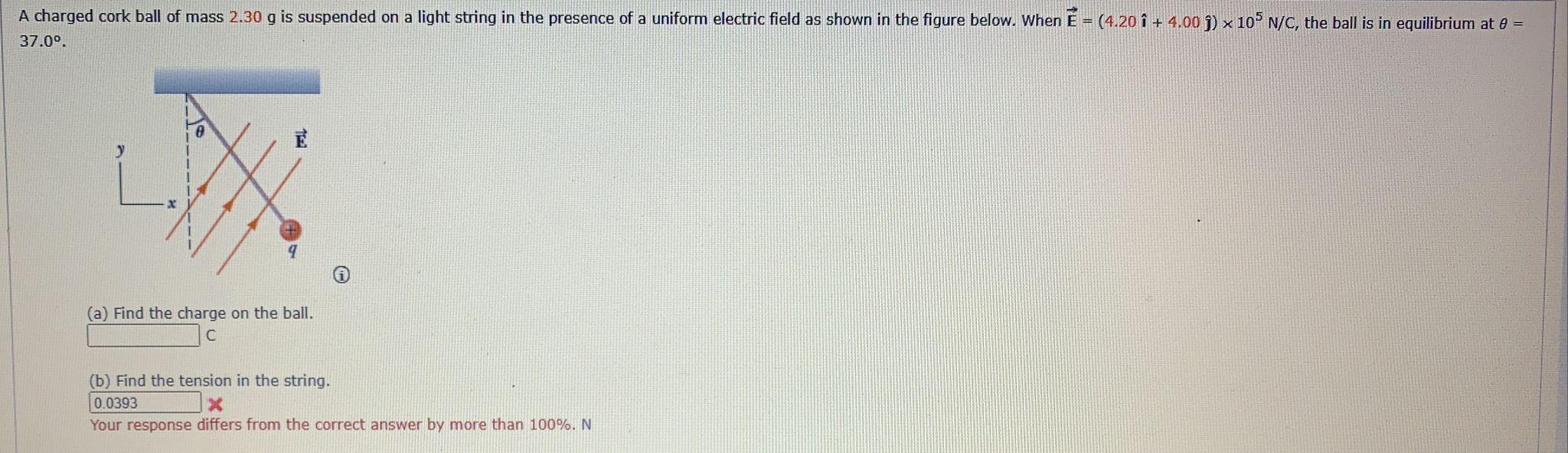 Solved A charged cork ball of mass 2.30 g is suspended on a