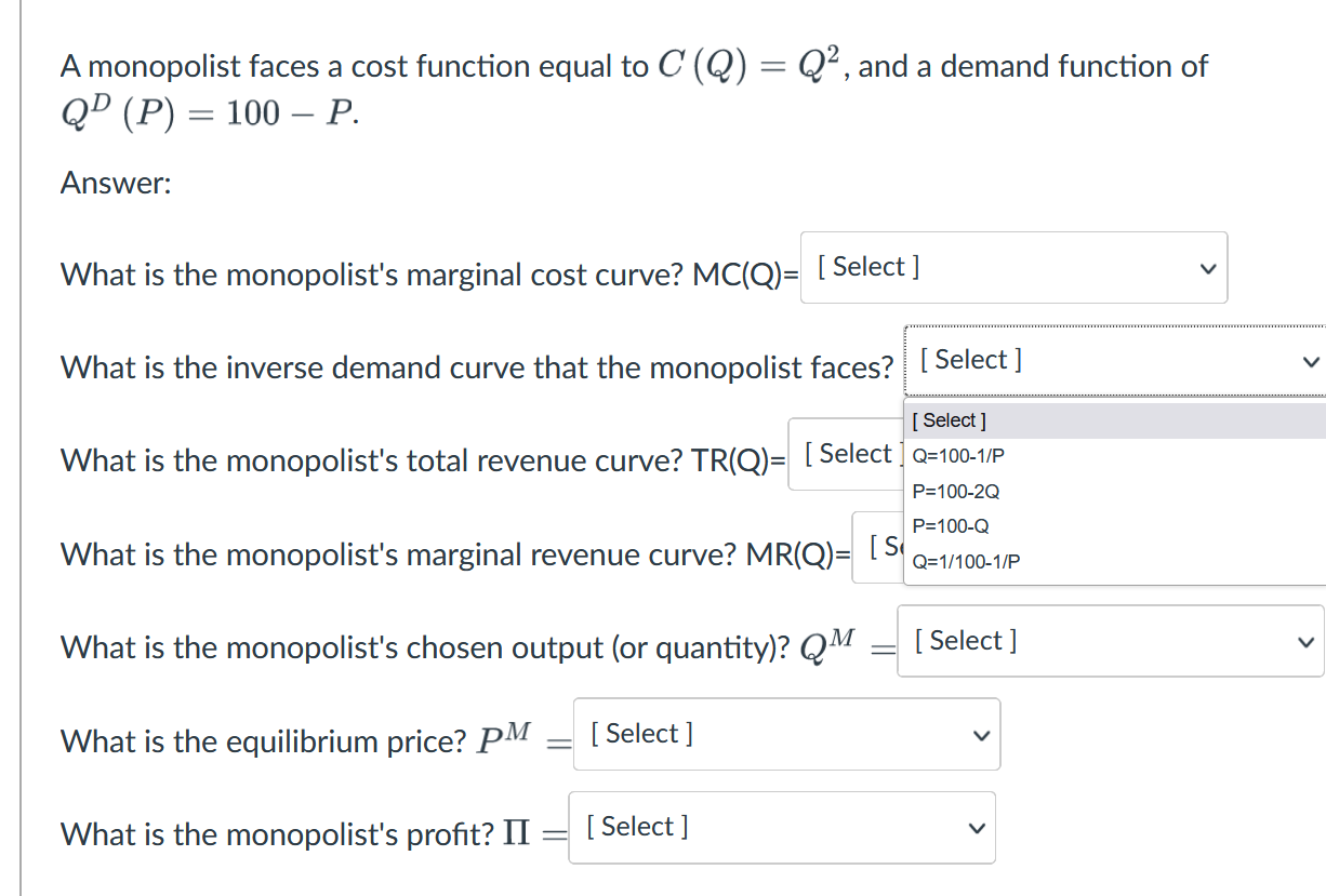 Solved A Monopolist Faces A Cost Function Equal To C(Q)=Q2, | Chegg.com