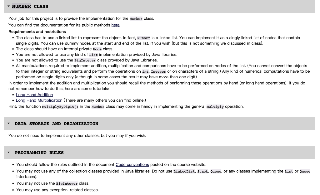 Your job for this project is to provide the implementation for the Number class.
You can find the documentation for its publi