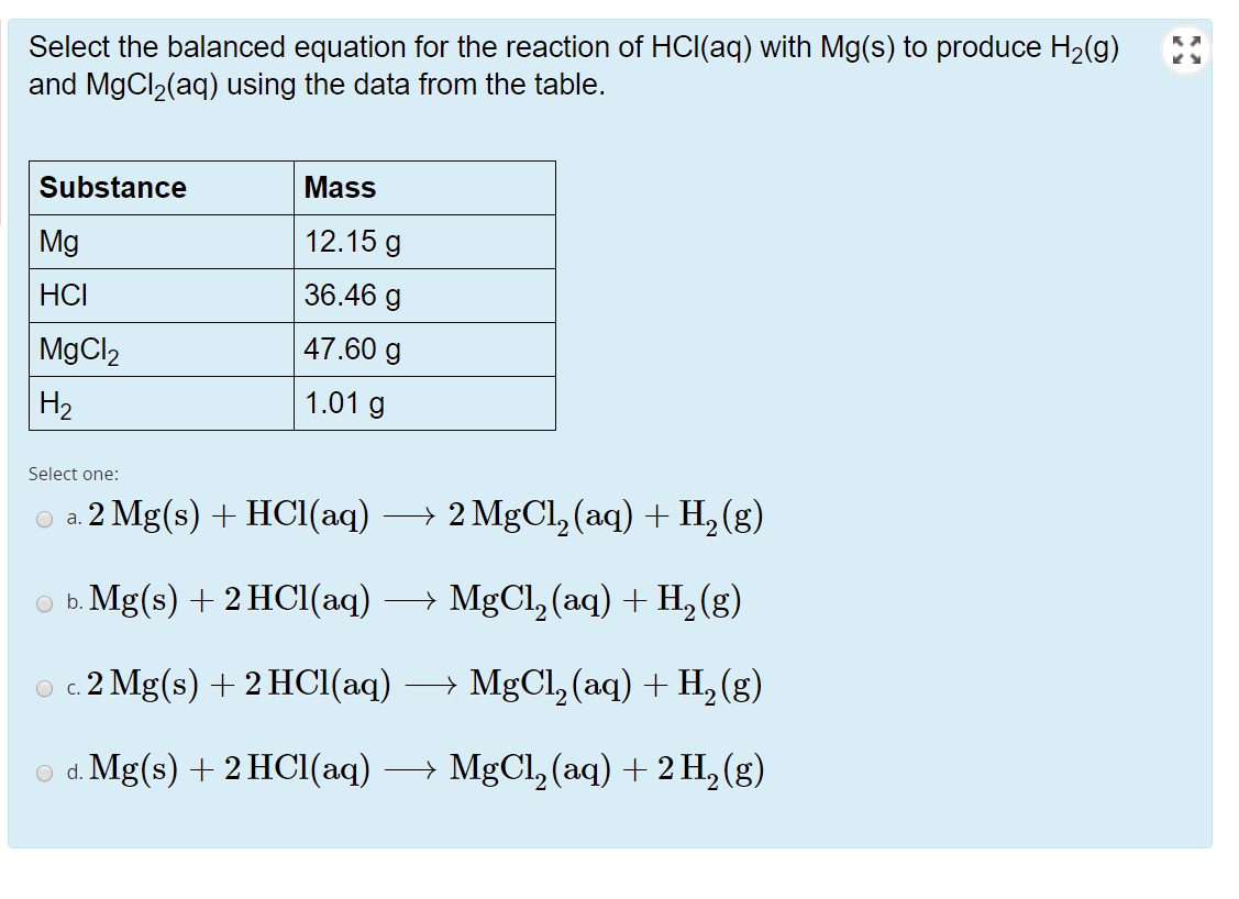 Select the balanced equation for the reaction of HCl(aq) with Mg(s) to prod...