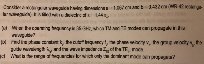 Solved Consider a rectangular waveguide having dimensions a | Chegg.com