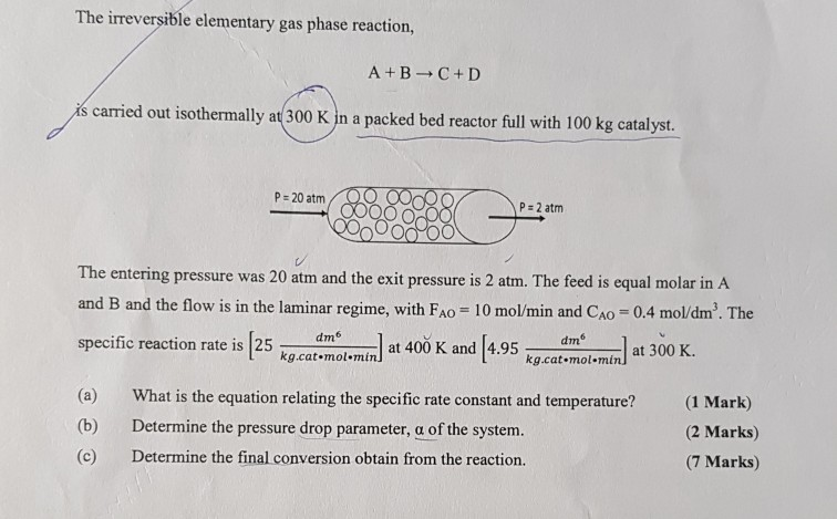Solved The irreversible elementary gas phase reaction, A +B | Chegg.com
