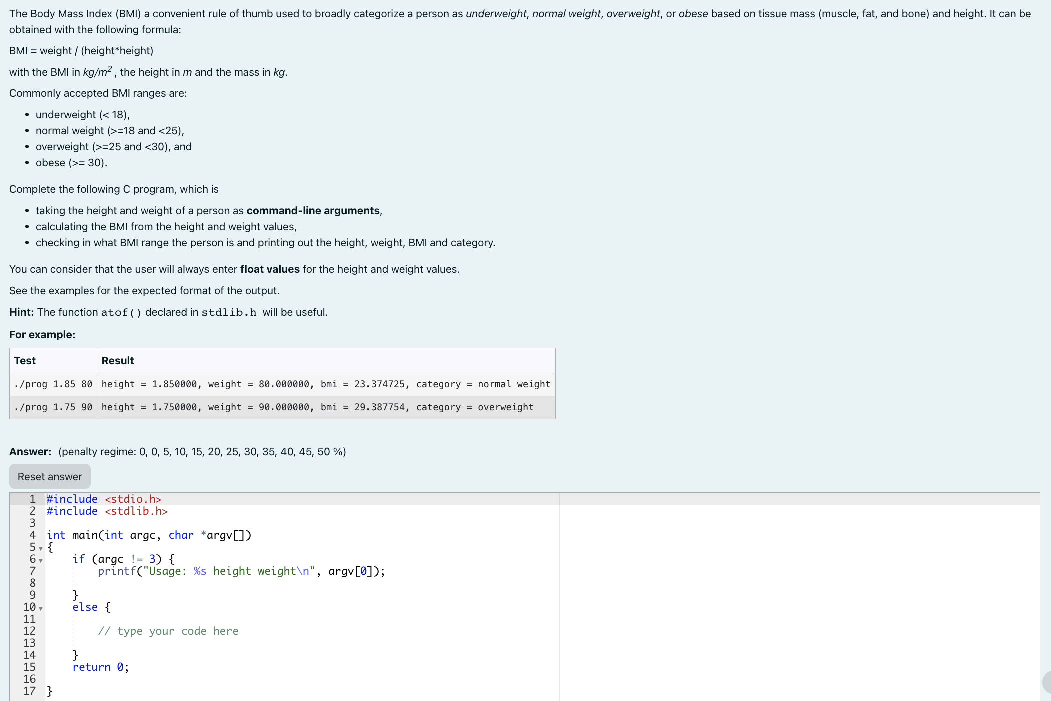 Solved obtained with the following formula: BMI= weight / | Chegg.com