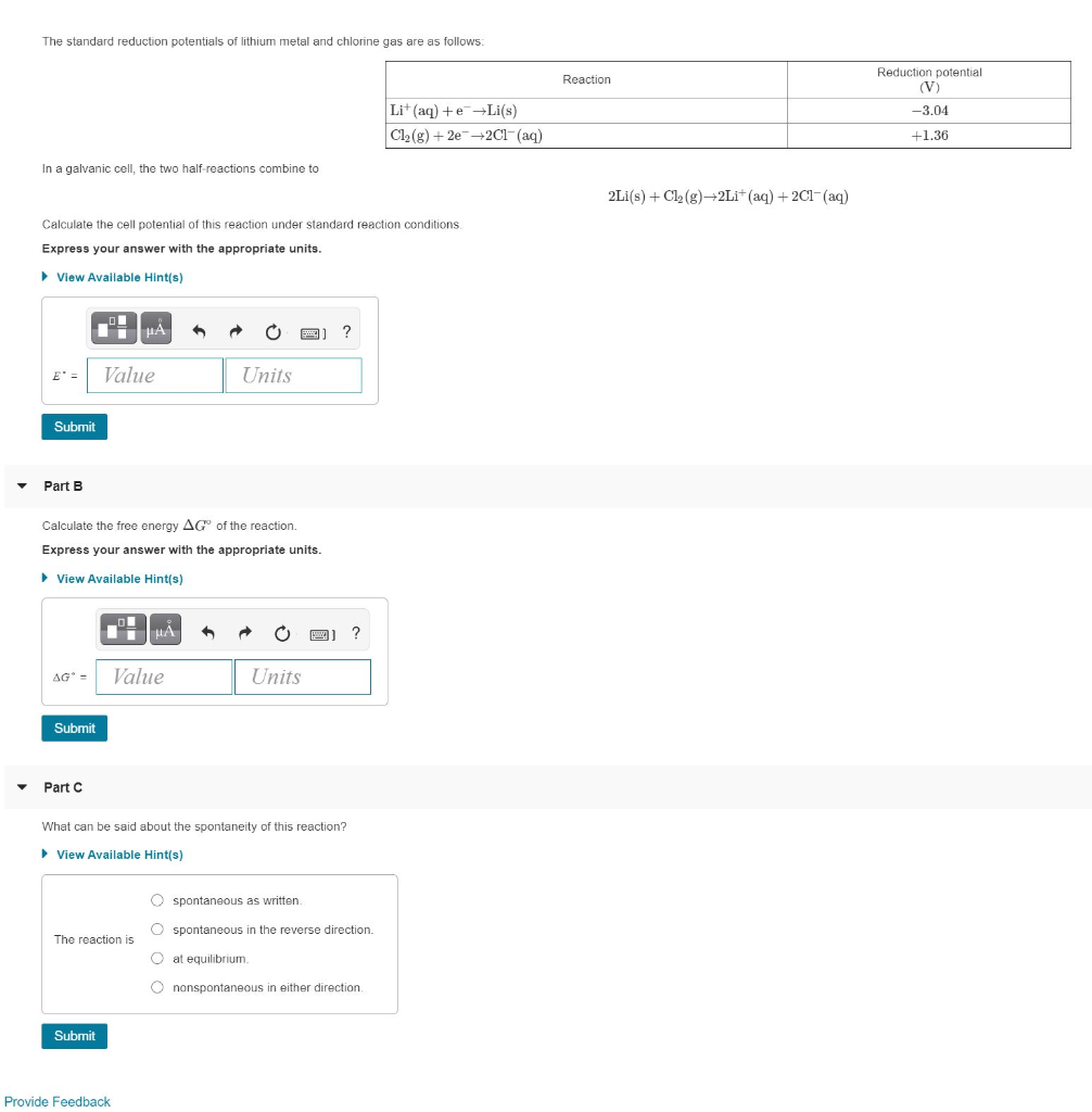 Solved The standard reduction potentials of lithium metal