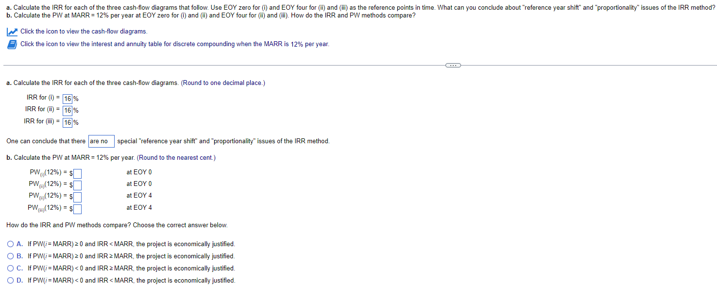 a. Calculate the IRR for each of the three cash-flow diagrams that follow. Use EOY zero for (i) and EOY four for (ii) and (ii