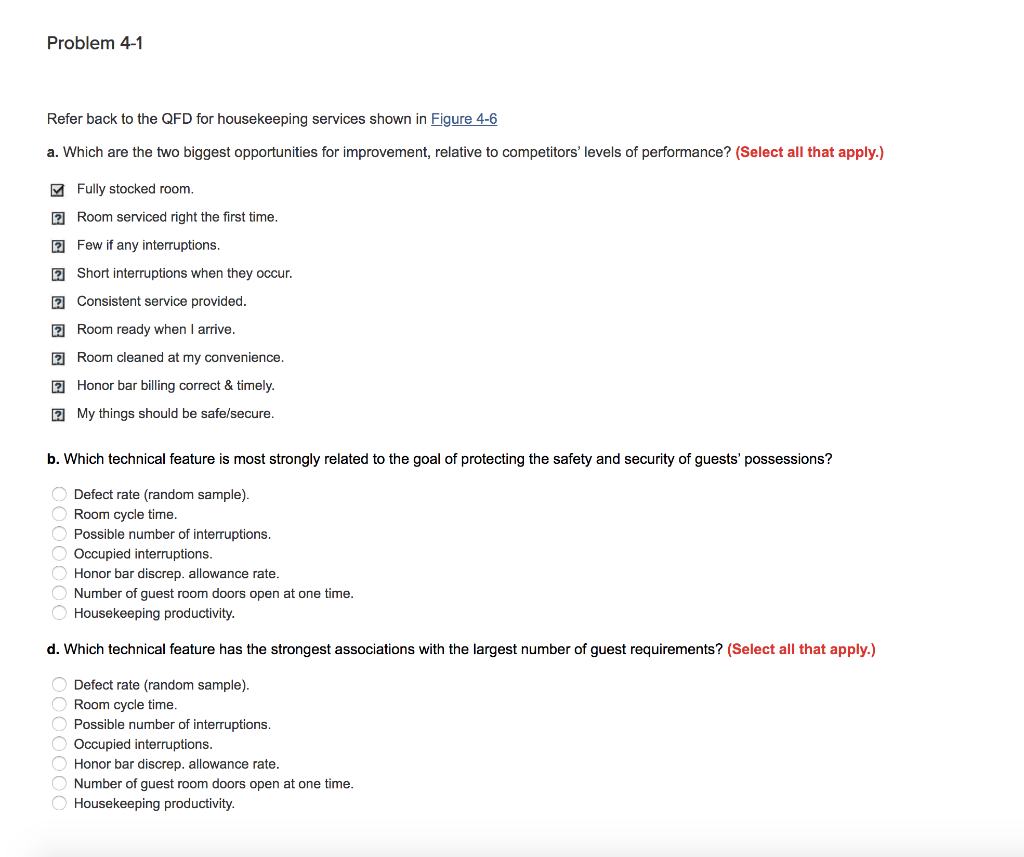 Problem 4-1 Refer back to the QFD for housekeeping | Chegg.com