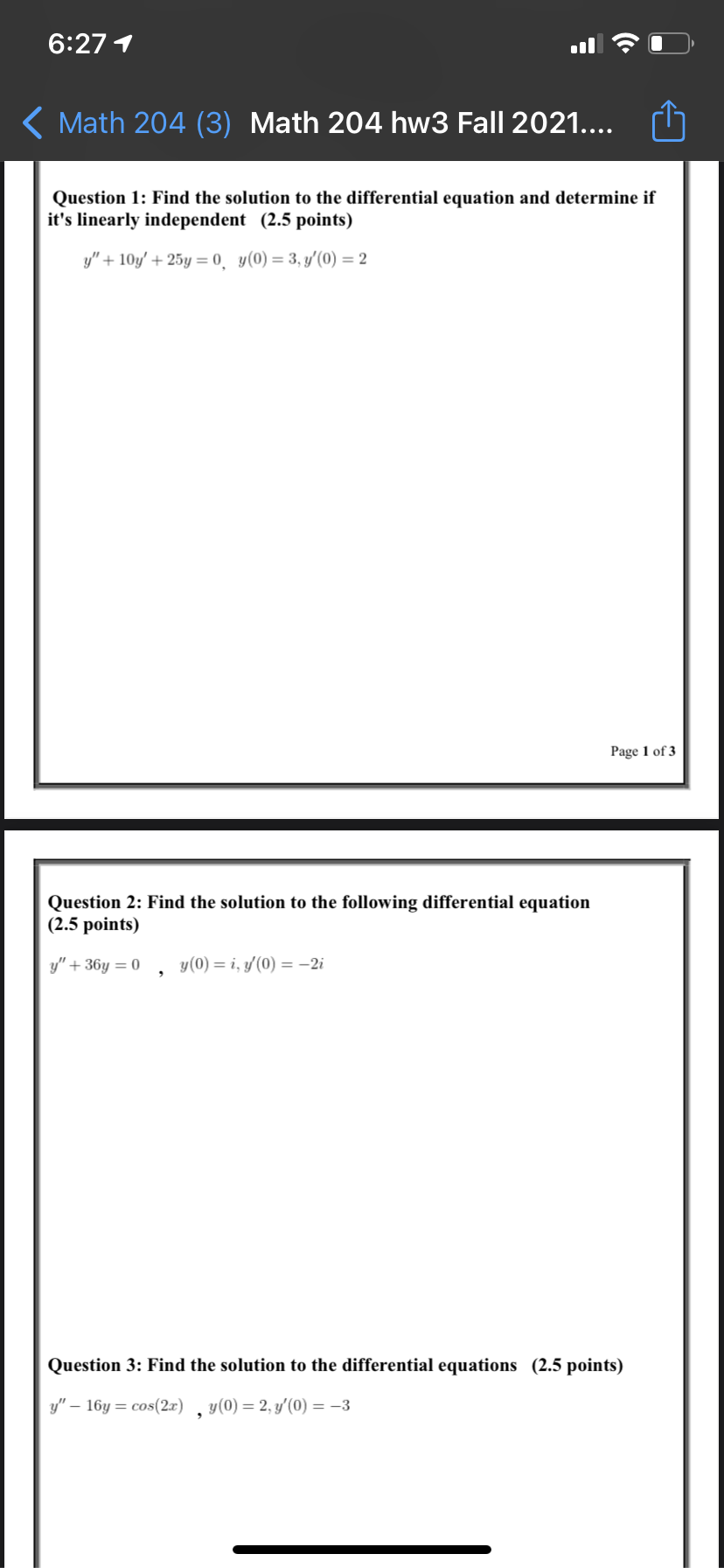 Solved 6:27 1 Math 204 (3) Math 204 hw3 Fall 2021.... | Chegg.com
